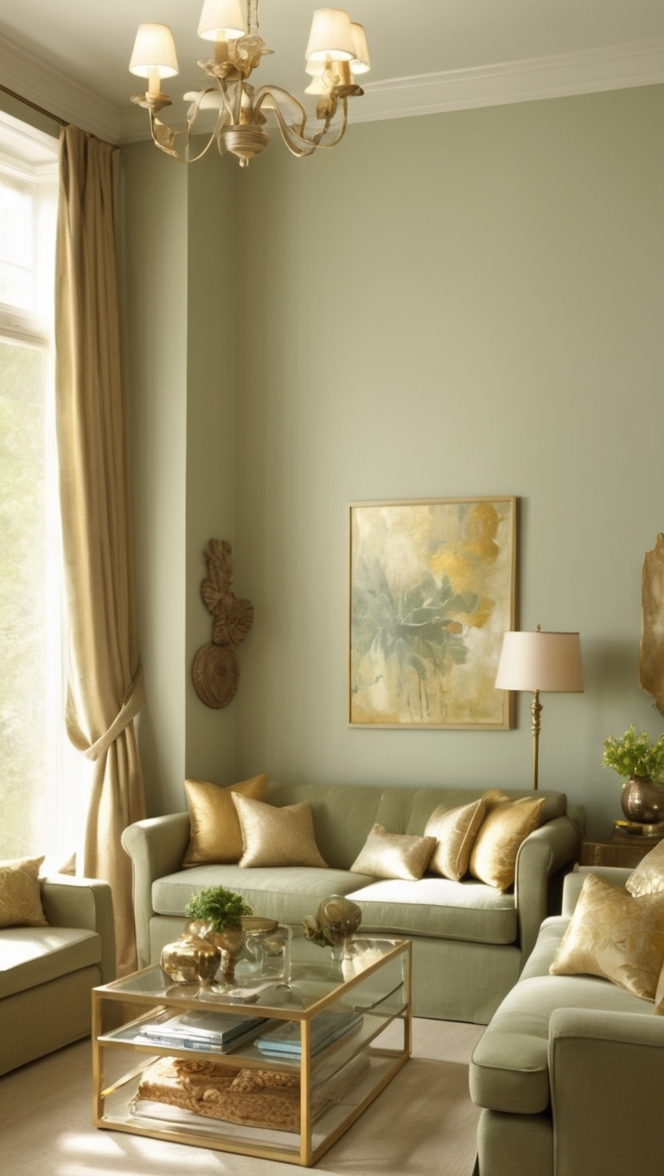 sage green sofa, gold living room decor, designer sage green, luxury green and gold, elegant home accents