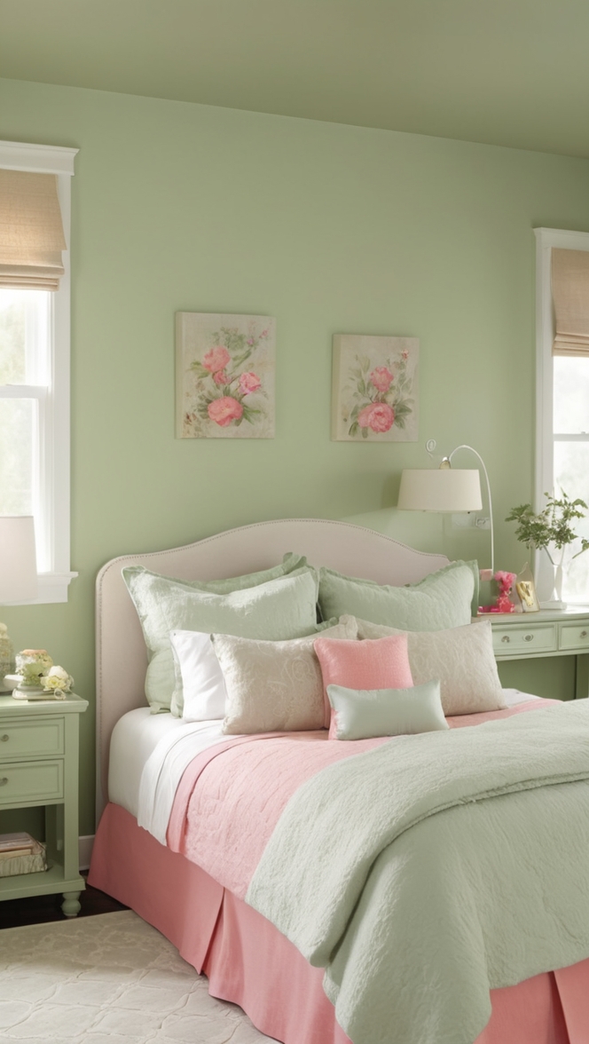 green and pink bedroom decor, sage green bedding, pastel pink walls, mint green bedroom ideas, blush pink and green curtains
