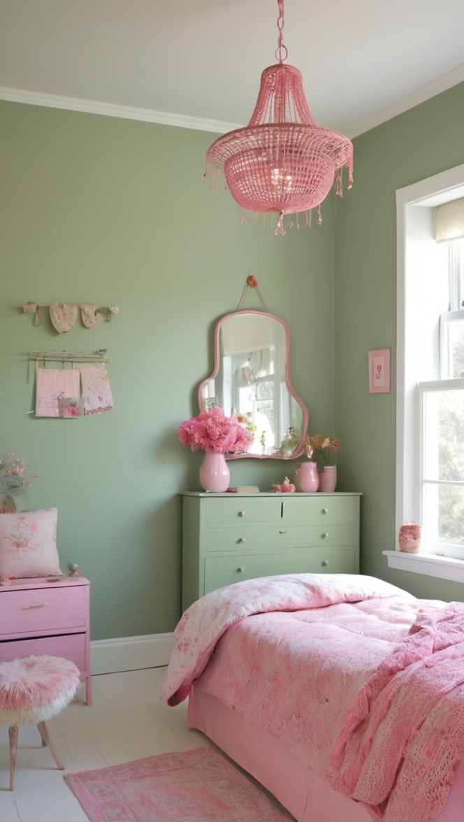 green and pink bedroom decor, sage green bedding, pastel pink walls, mint green bedroom ideas, blush pink and green curtains
