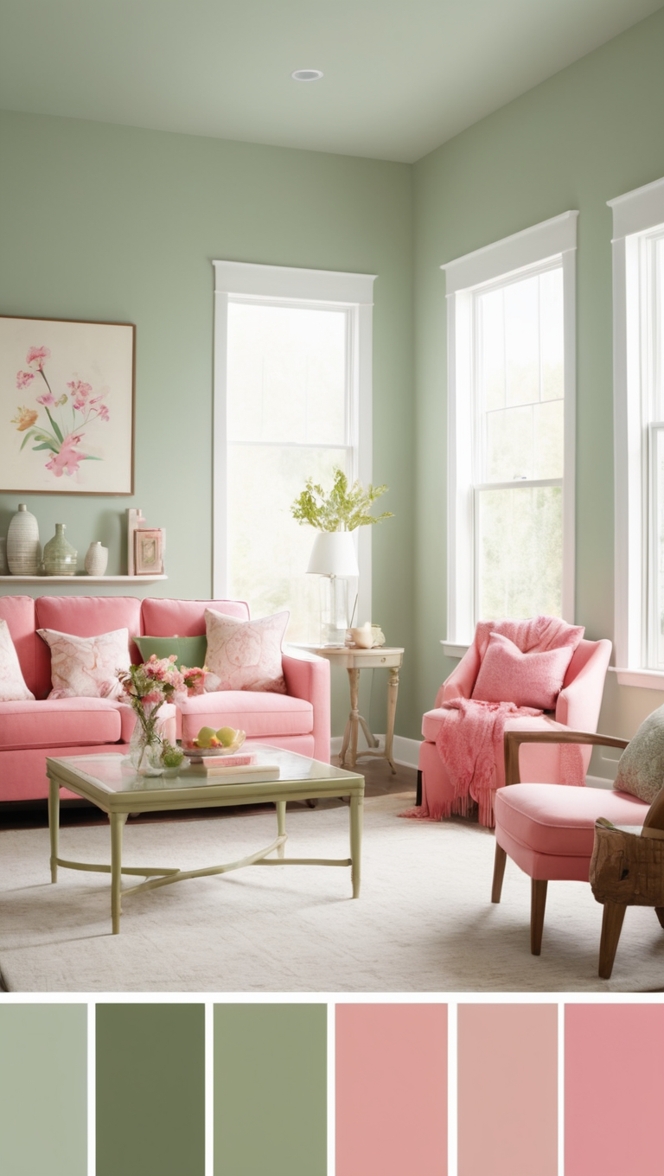 sage green velvet sofa, sage green accents, pink living room decor, pink and green color scheme, blush pink and sage green