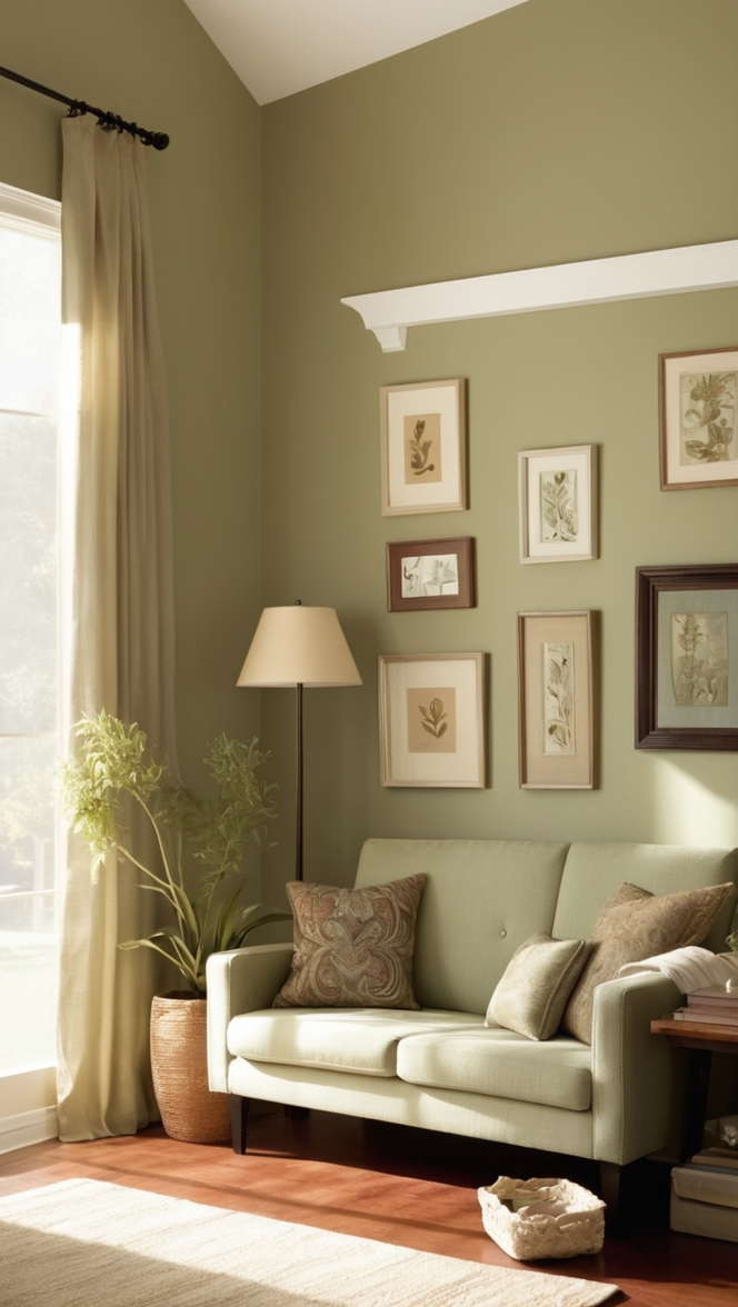 sage green sofa, tan accent wall, cozy living room decor, earthy color palette, soft furnishings