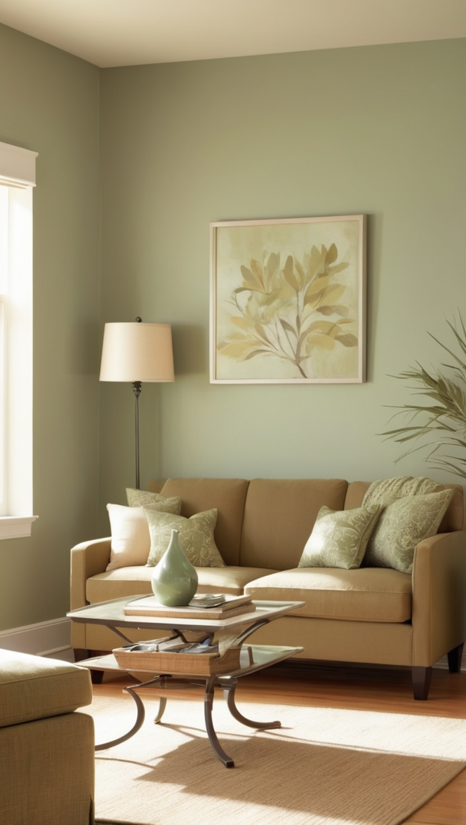 sage green sofa, sage green curtains, tan accent wall, tan throw pillows, living room decor