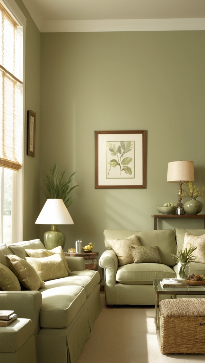 sage green sofa, tan accent wall, cozy living room decor, earthy color palette, soft furnishings