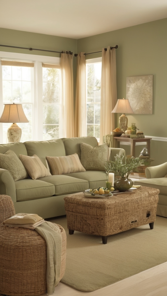 sage green sofa, sage green curtains, tan accent wall, tan throw pillows, living room decor