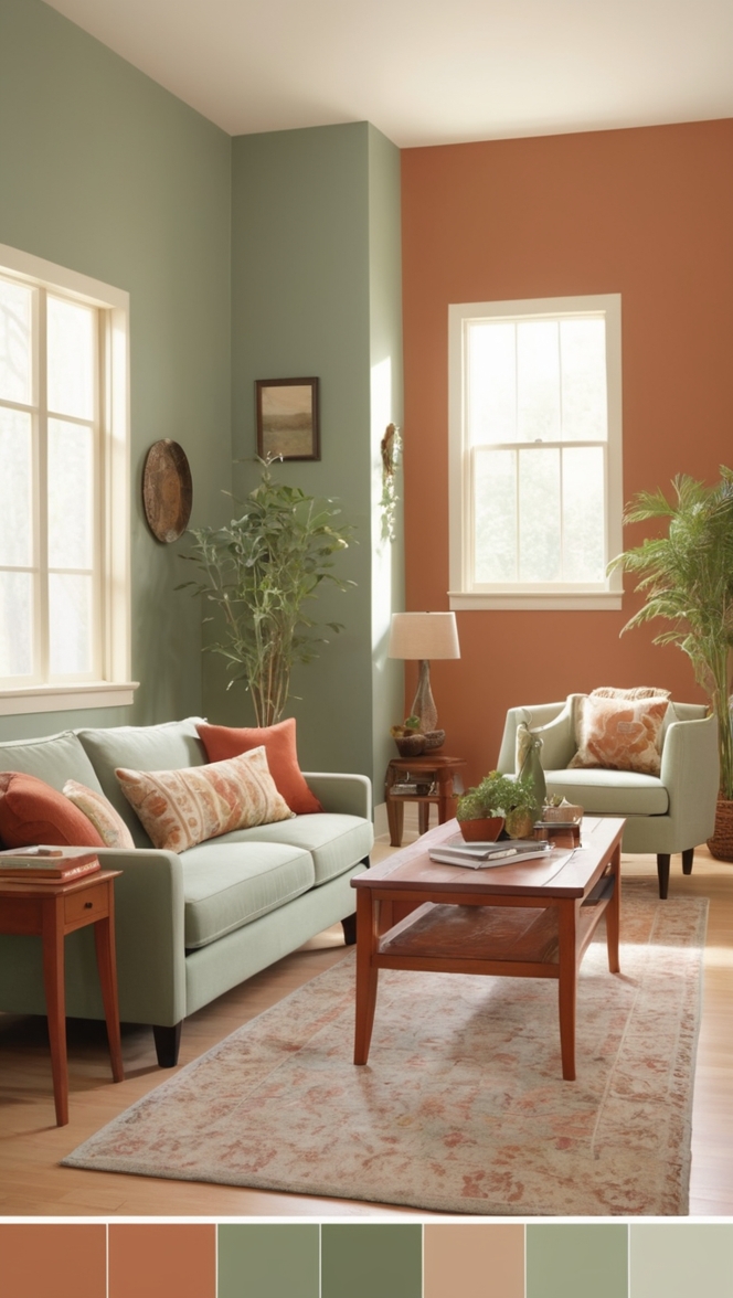 sage green sofa, terracotta paint colors, living room decor, home interior design, cozy seating area