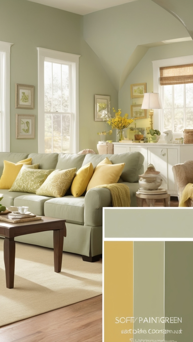 sage green color, yellow decor, living room design, interior decorating, color combination