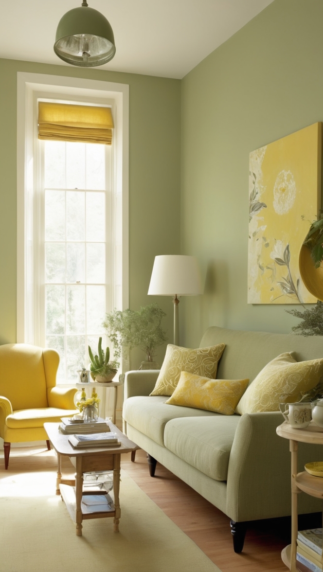 sage green color, yellow decor, living room design, interior decorating, color combination