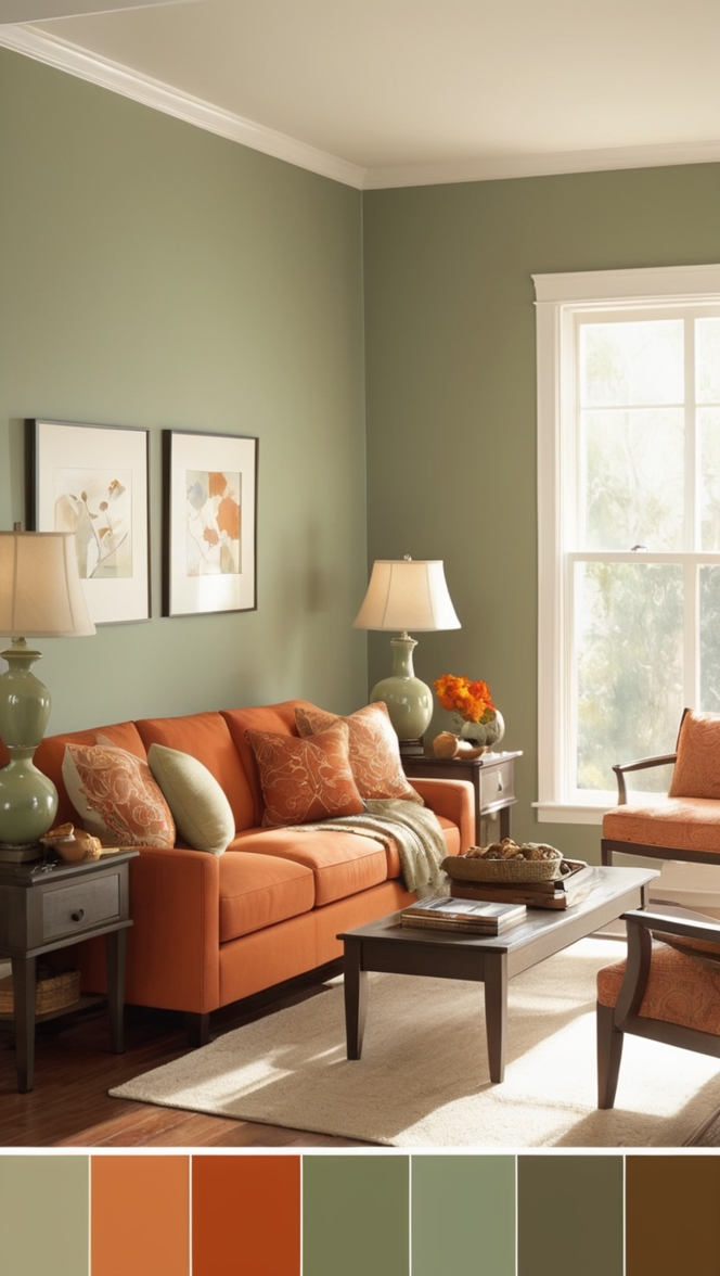 sage green decor, burnt orange accents, living room color scheme, earth tone interior design, neutral color palette