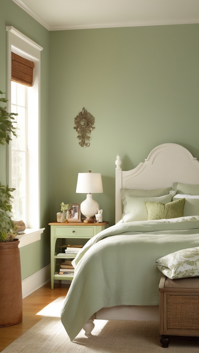 sage green bedroom decor, sage green walls, sage green bedding, sage green curtains, sage green furniture