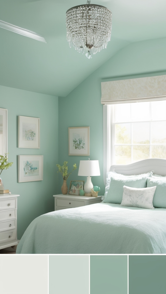 seafoam green paint, seafoam green bedding, seafoam green decor, seafoam green curtains, seafoam green walls