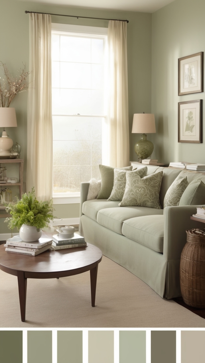 taupe living room decor, 
sage green home decor, 
taupe and sage green decor, 
sage green living room curtains, 
taupe and sage green color palette