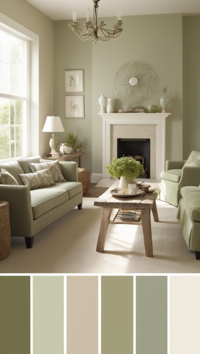 taupe living room decor, sage green home decor, taupe and sage green decor, sage green living room curtains, taupe and sage green color palette