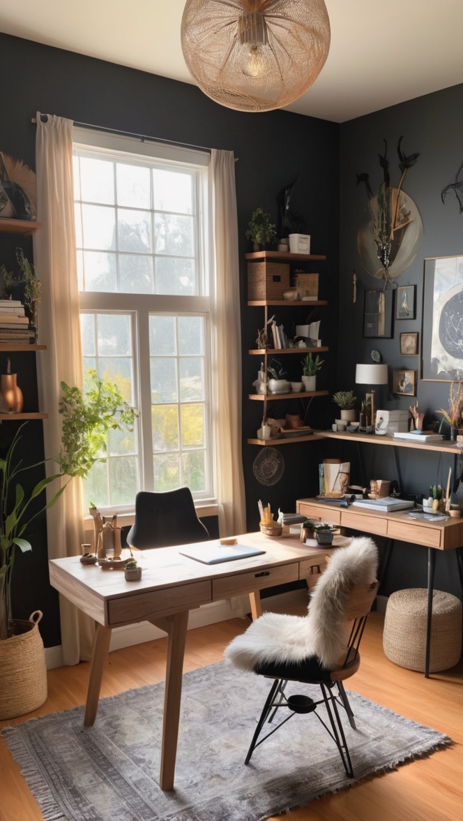 witchy home decor, bohemian office setup, mystical workspace, dark academia aesthetic, pagan desk design
