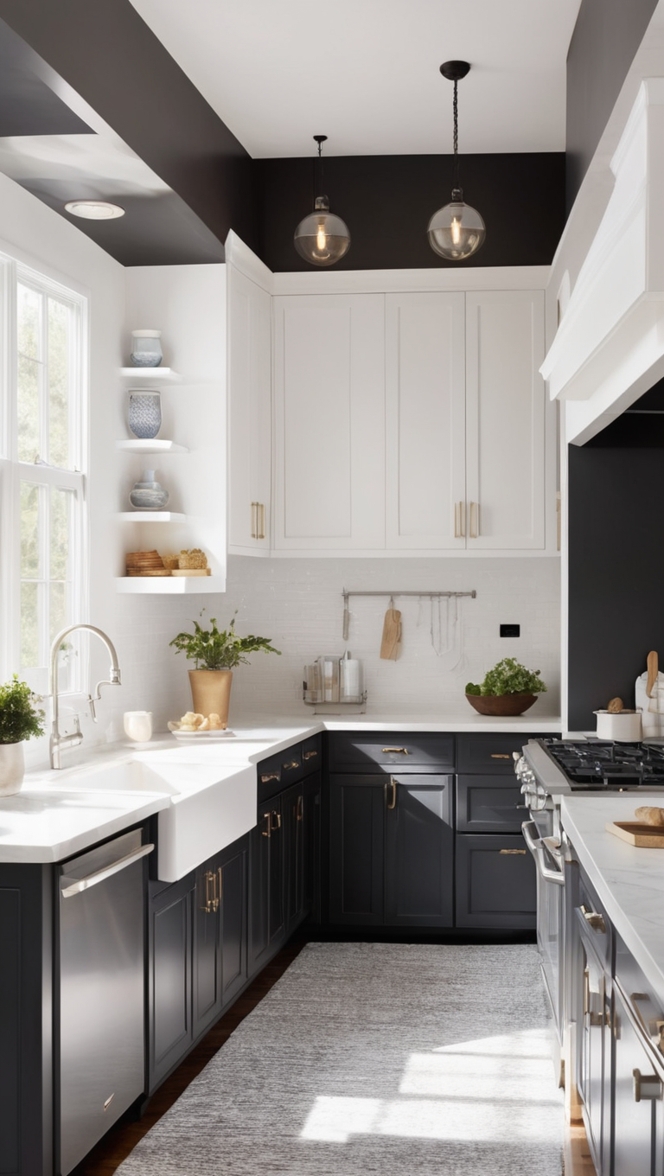 black and white kitchen design, black and white kitchen cabinets, black and white kitchen decor, black and white kitchen tile, black and white kitchen ideas