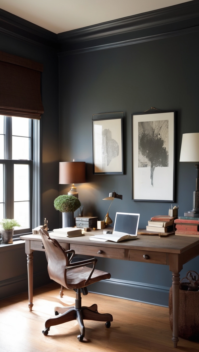 masculine home office decor, dark home office design, masculine office furniture, industrial home office decor, rustic office design