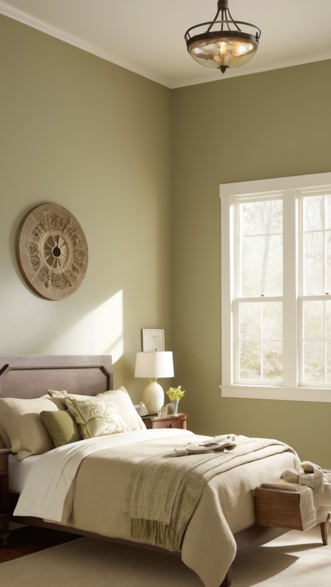 olive green bedroom decor, beige bedroom ideas, olive green walls, beige bedding, olive green curtains