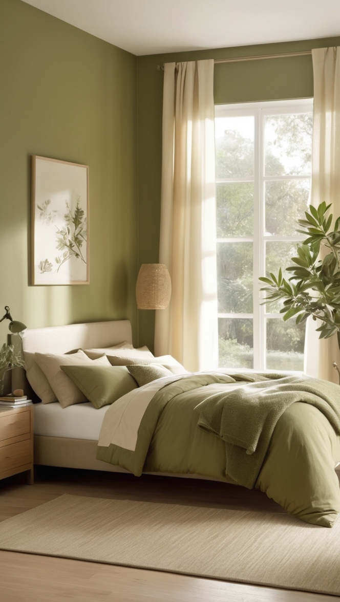 olive green bedroom decor, beige bedroom ideas, olive green walls, beige bedding, olive green curtains