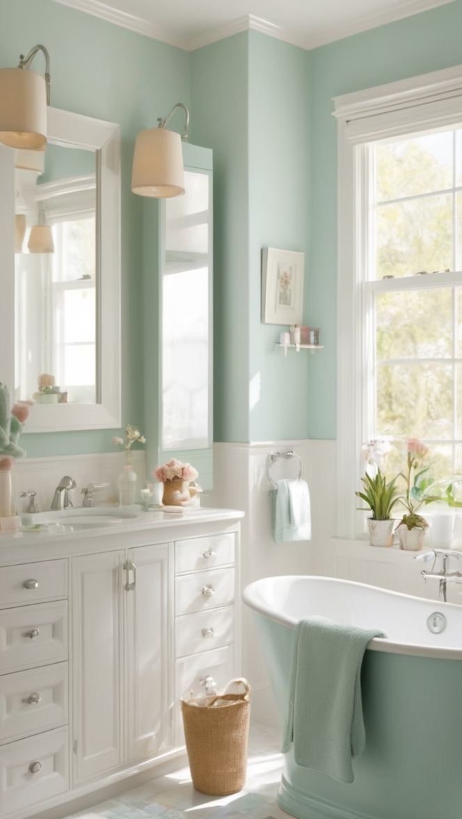 pastel bathroom decor, elegant bathroom design, vintage bathroom style, luxurious bathroom renovation, chic bathroom accessories