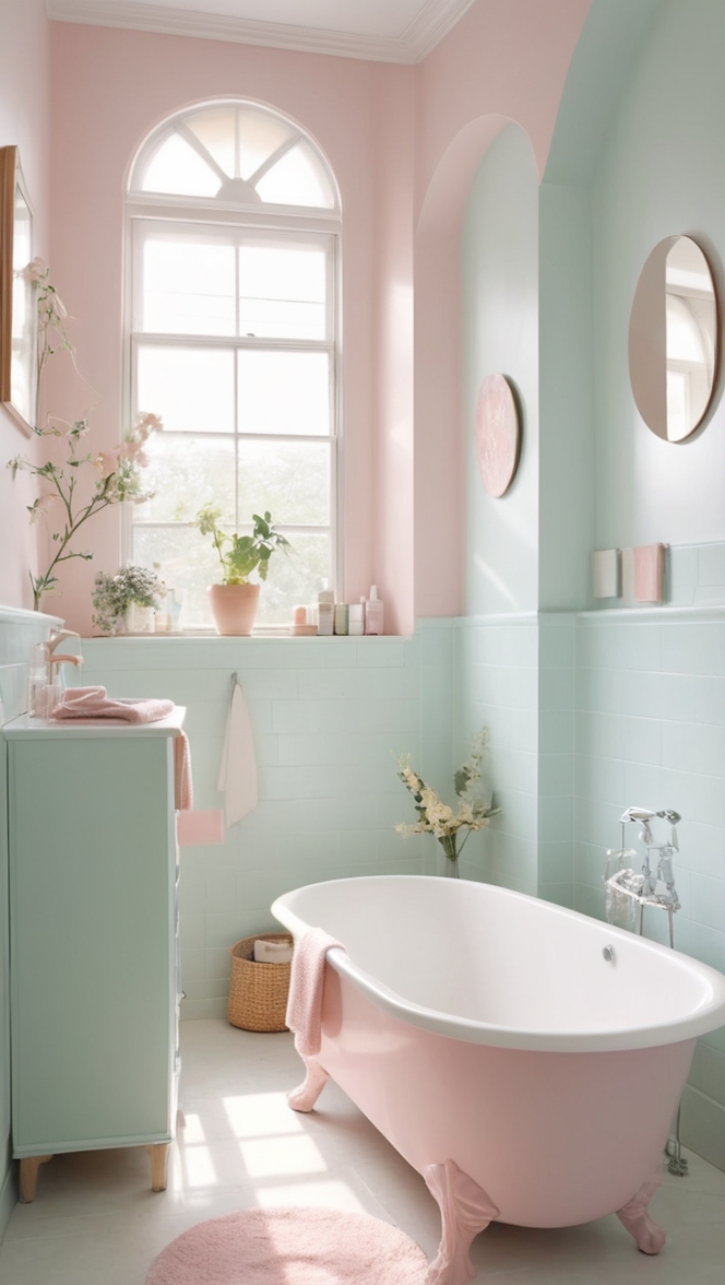 pastel bathroom decor, elegant bathroom design, vintage bathroom style, luxurious bathroom renovation, chic bathroom accessories