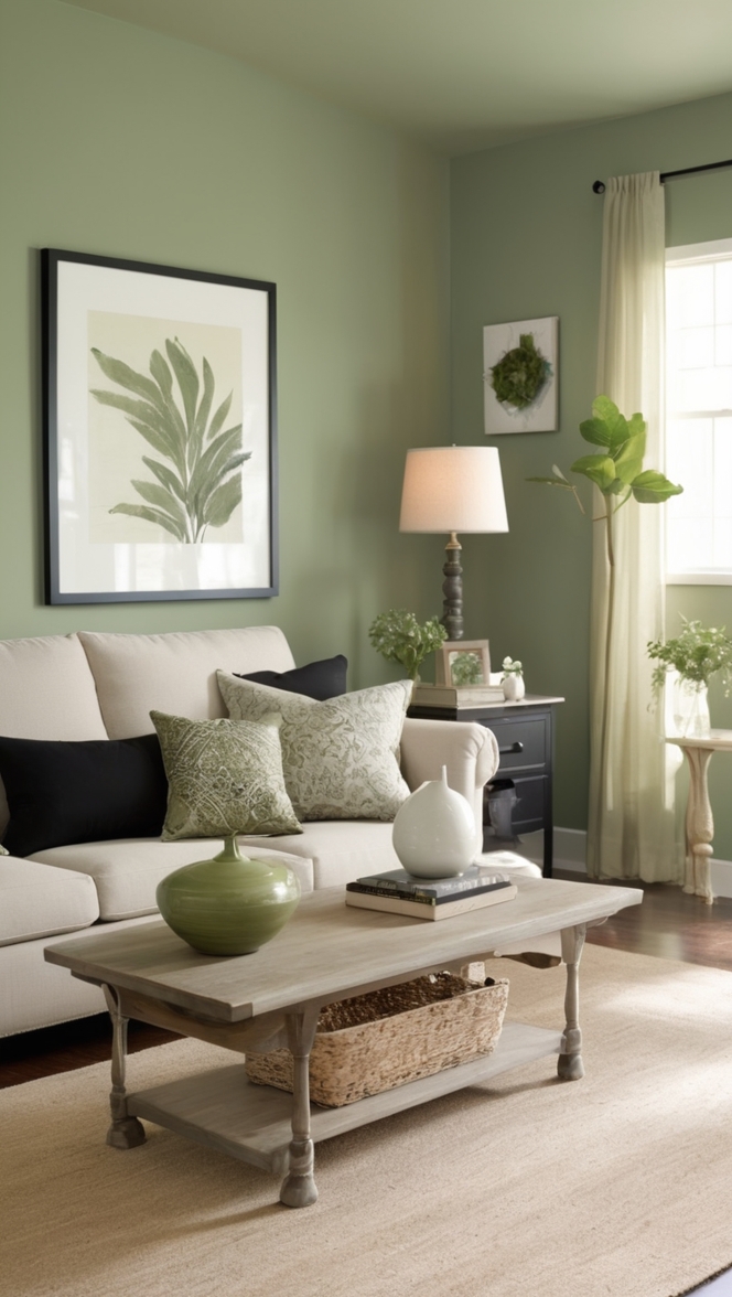 sage green couch,
sage green armchair,
black accent wall,
green and black decor,
sage green curtains