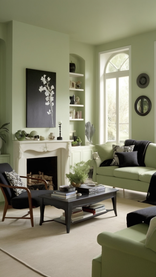 sage green couch, sage green armchair, black accent wall, green and black decor, sage green curtains