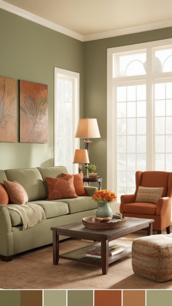 sage green sofa, rust accent wall, living room decor, earthy color palette, interior design ideas