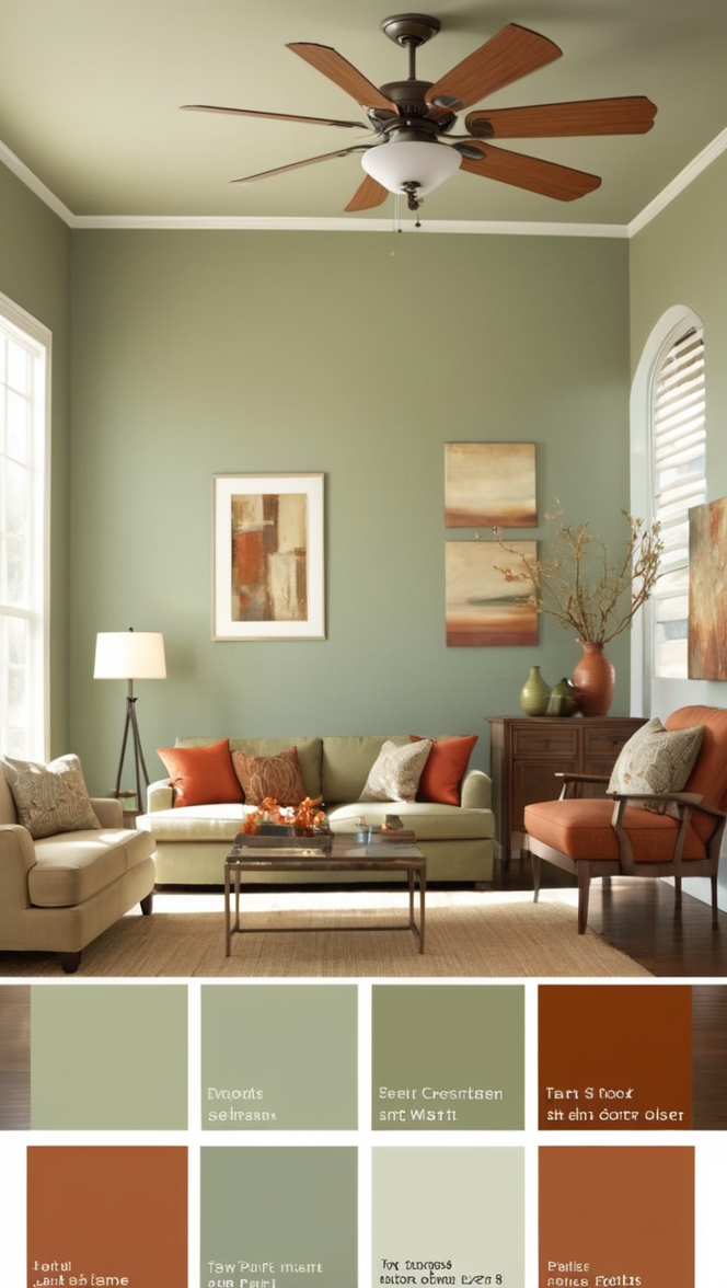 sage green sofa, rustic living room decor, earthy green decor, cozy green living room, natural tone furniture