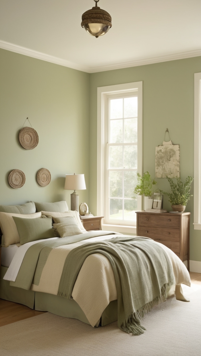 beige green bedroom decor, beige green color scheme, sage green bedroom ideas, beige green bedding, sage green room design
