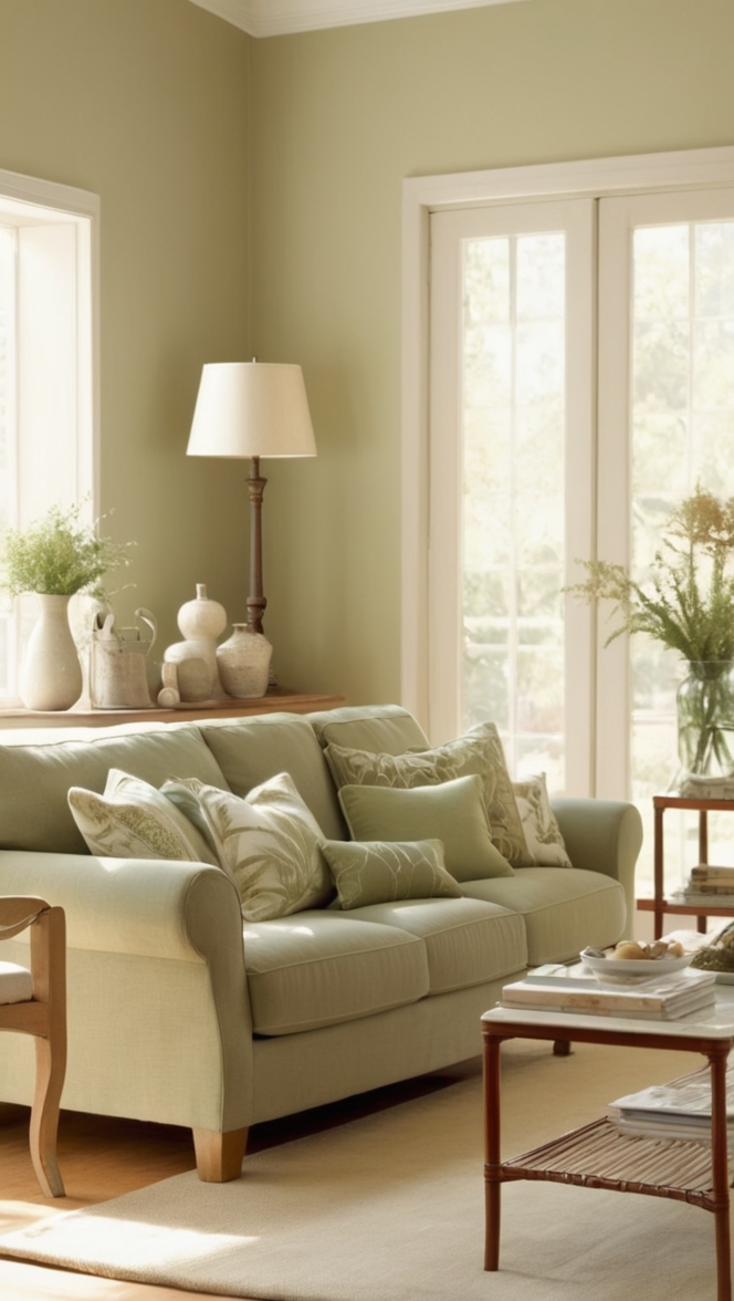 sage green sofa, beige sectional, living room color scheme, neutral decor ideas, modern home design
