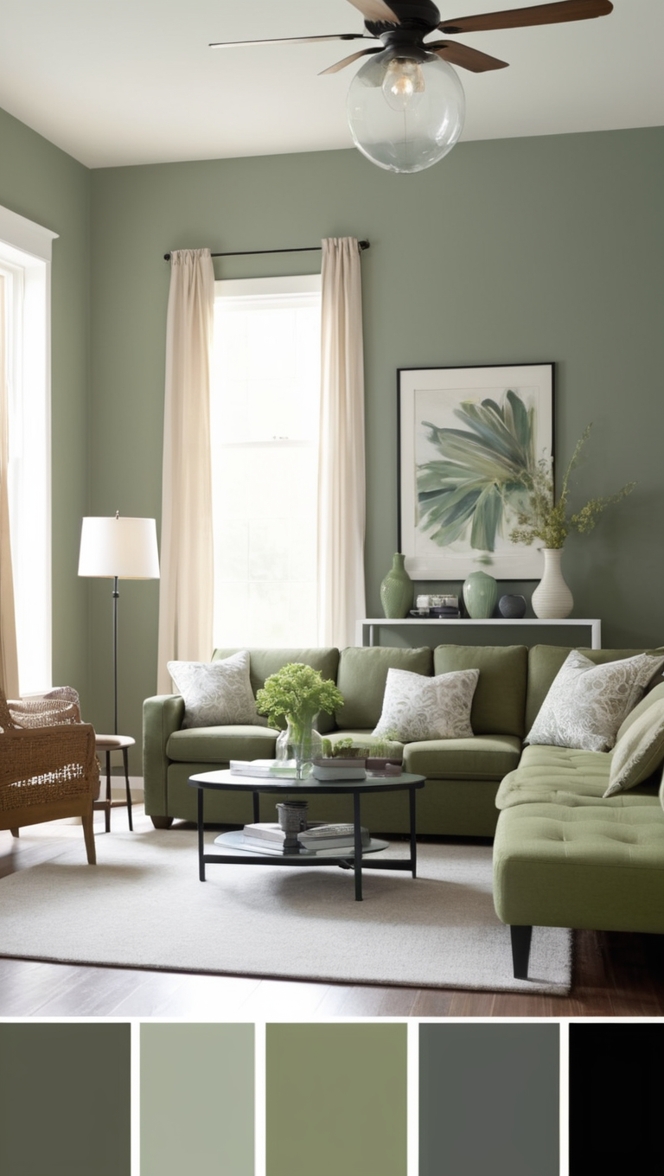 black sofa, sage green curtains, living room decor, green accent wall, black and green furniture
