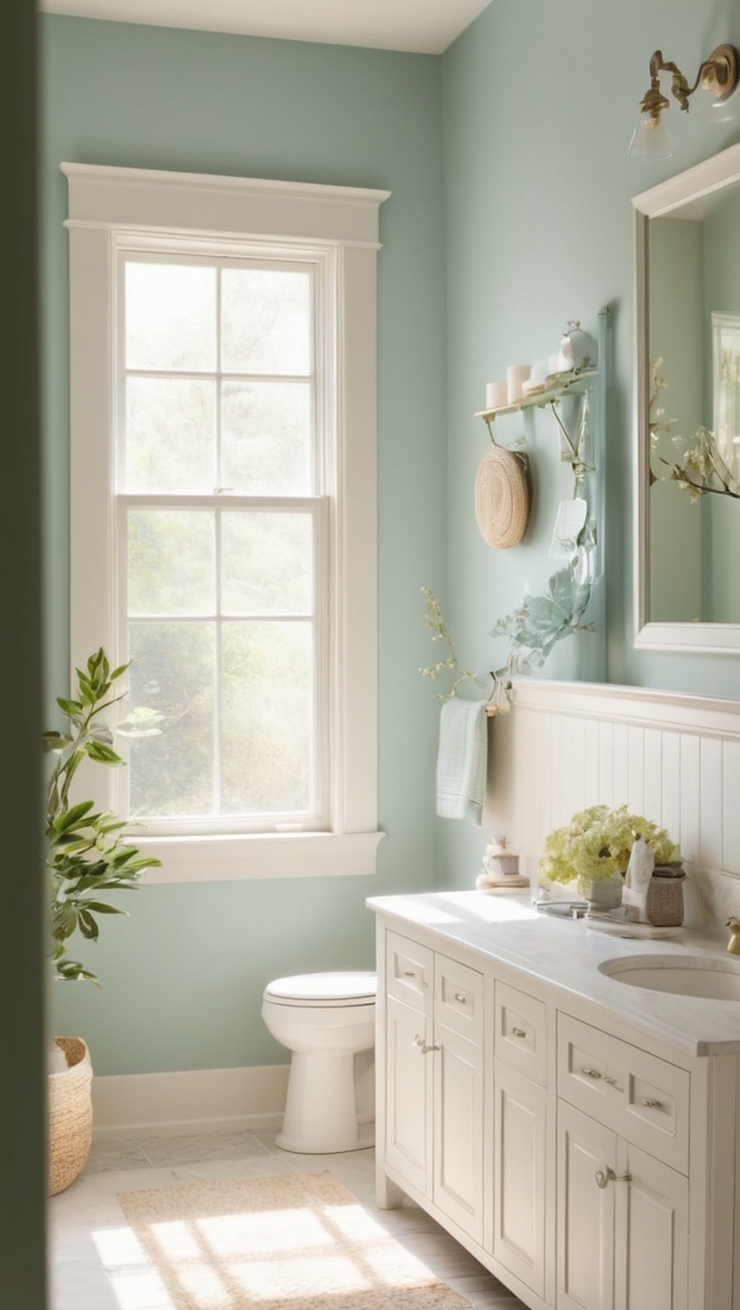 cottagecore decor, cozy bathroom ideas, vintage bathtub, rustic vanity, whimsical tiles