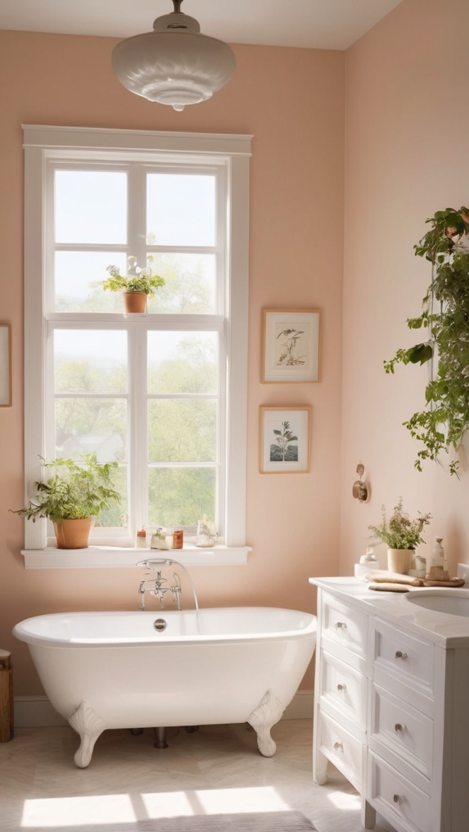 cottagecore decor, cozy bathroom ideas, vintage bathtub, rustic vanity, whimsical tiles