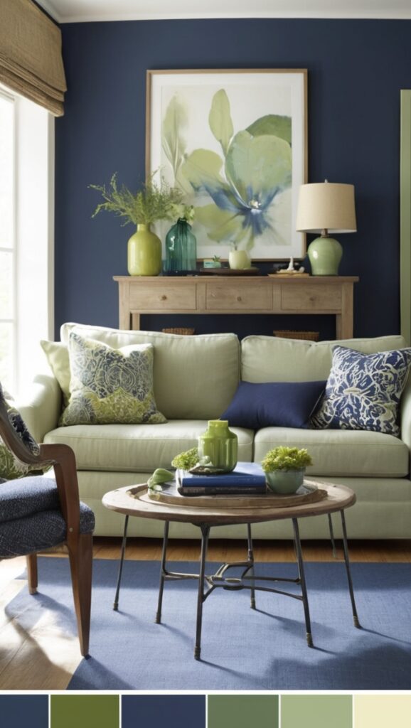 How can I incorporate navy blue and sage green into my living room ...
