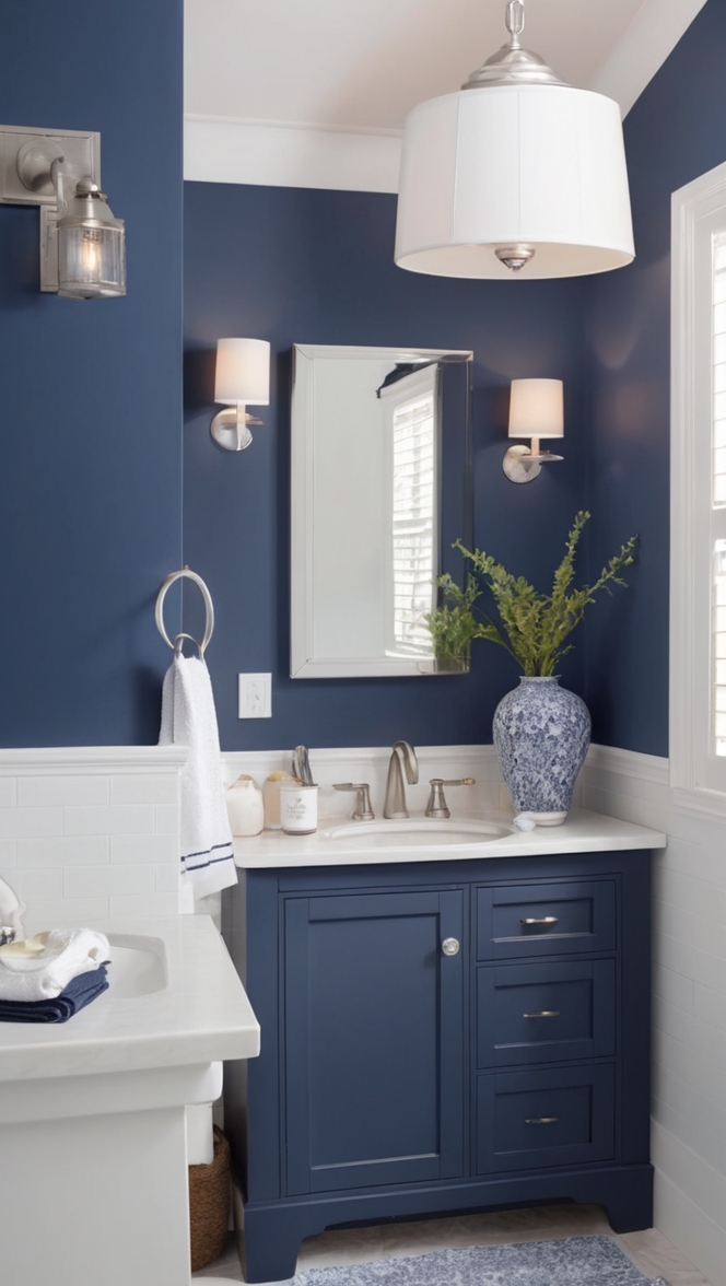 navy blue wallpaper, navy blue bathroom decor, navy blue and white tiles, navy blue paint, navy blue and white shower curtain