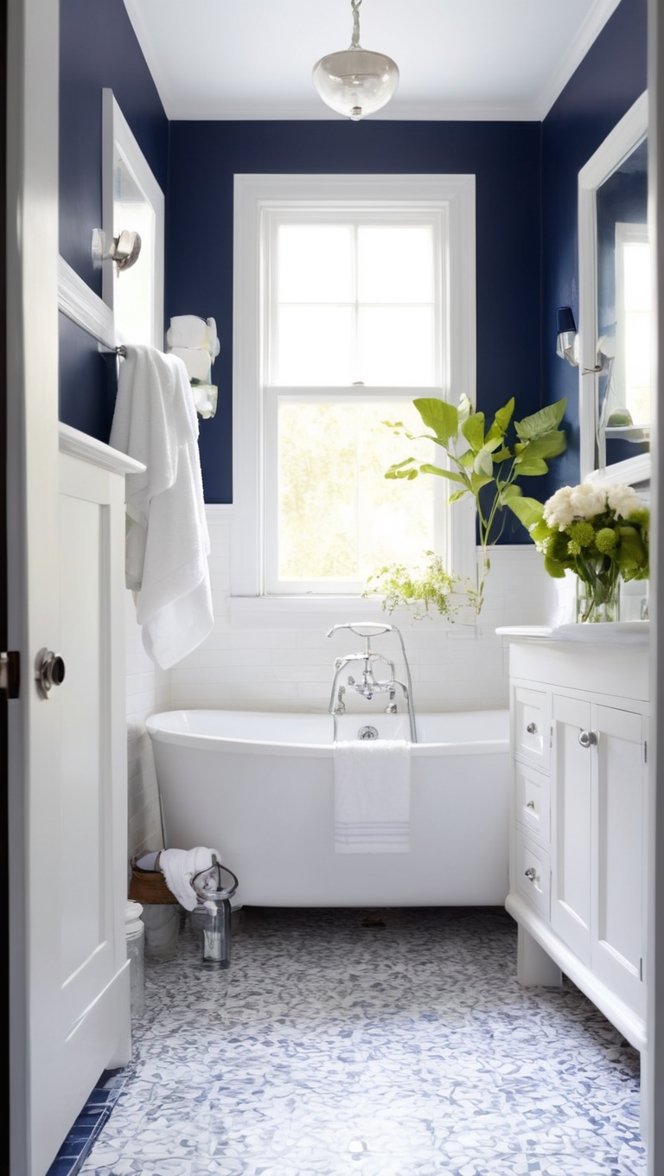 navy blue wallpaper, navy blue bathroom decor, navy blue and white tiles, navy blue paint, navy blue and white shower curtain