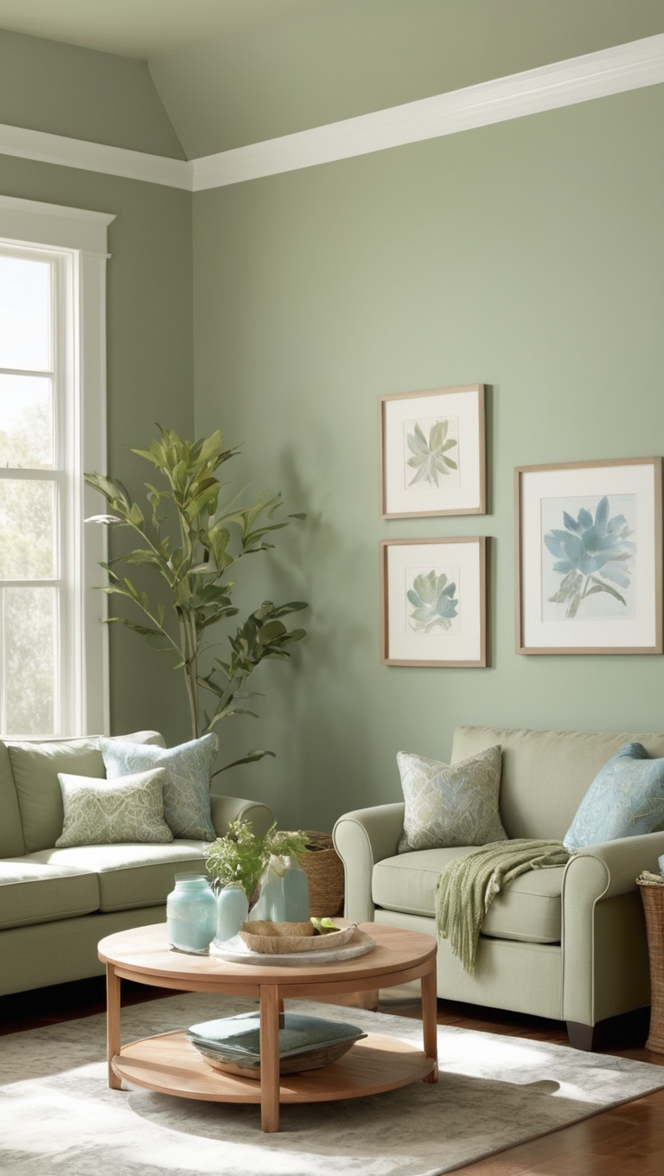 sage green paint,
blue living room decor,
green and blue color scheme,
cozy living room ideas,
modern blue and green decor