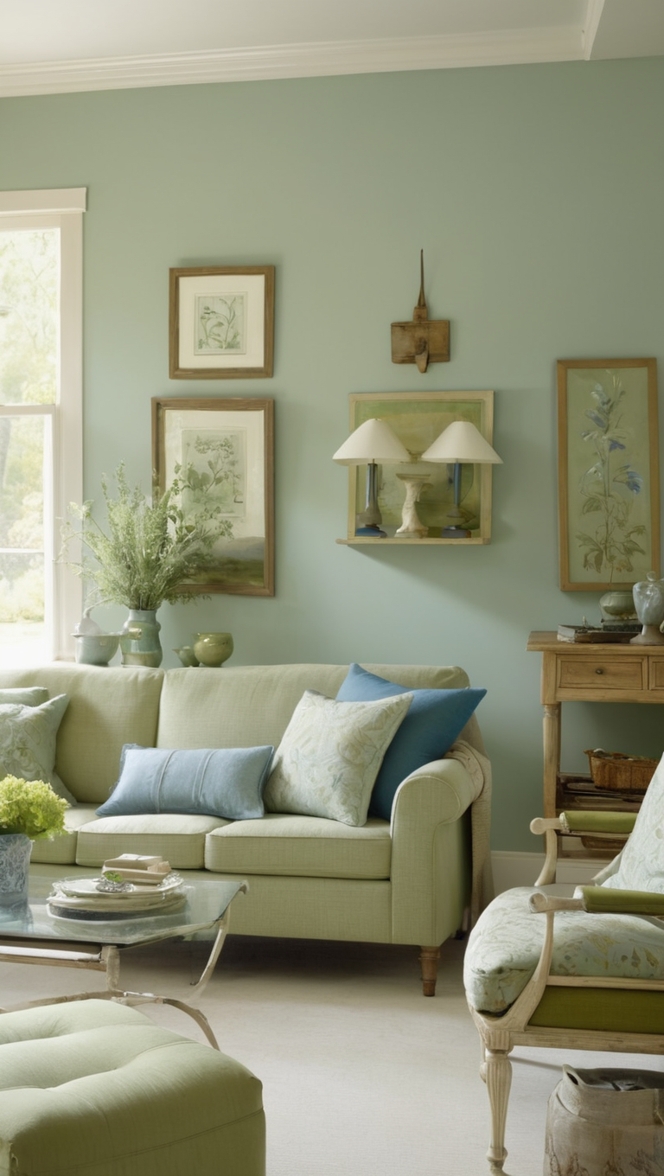 sage green paint, blue living room decor, green and blue color scheme, cozy living room ideas, modern blue and green decor