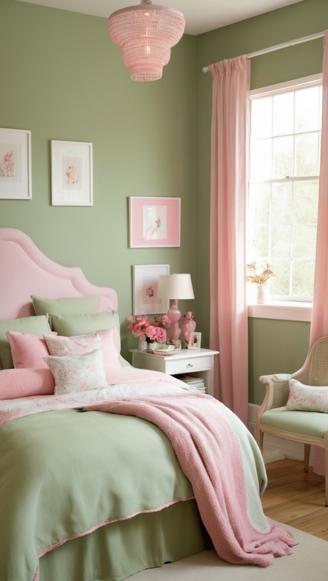 sage green decor, pink bedroom, bedroom design ideas, luxury bedroom decor, elegant bedroom design