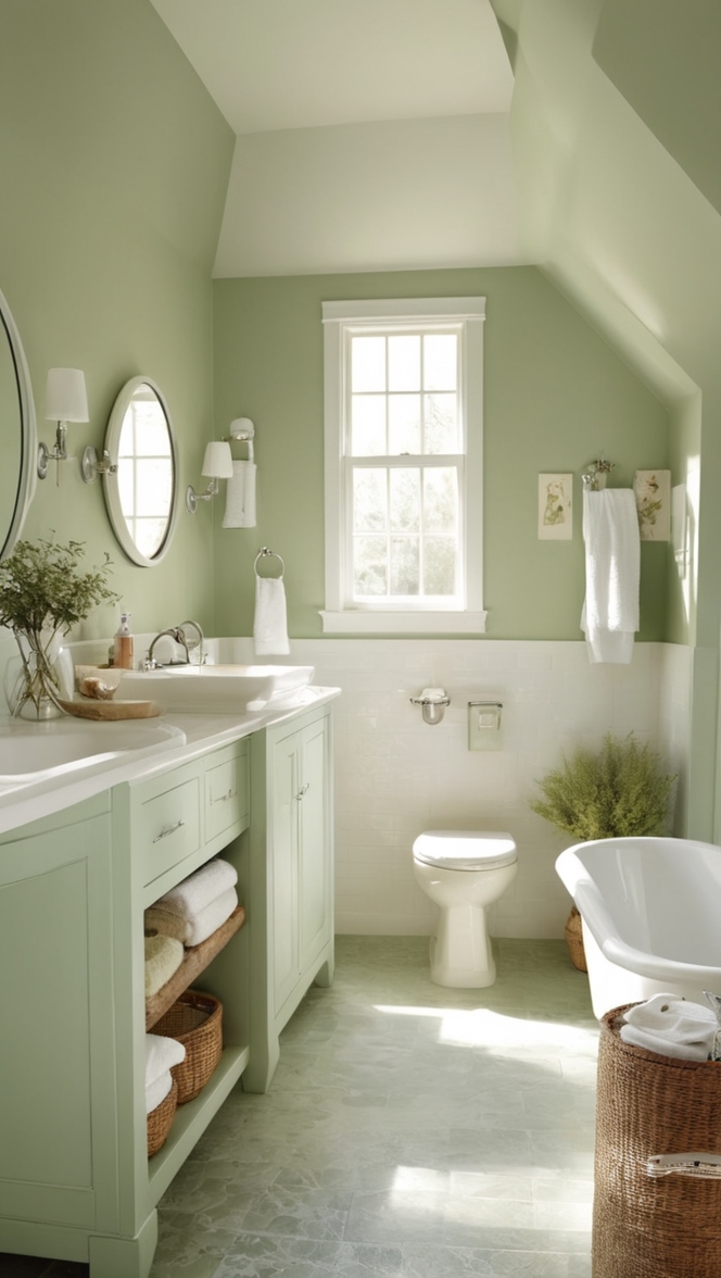 sage green bathroom ideas, sage green color scheme, white and green bathroom decor, sage green bathroom accessories, green and white bathroom tiles