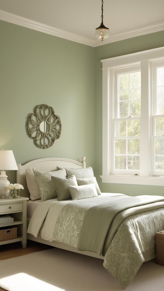 sage green bedroom decor, sage green walls, sage green bedding, sage green curtains, sage green paint