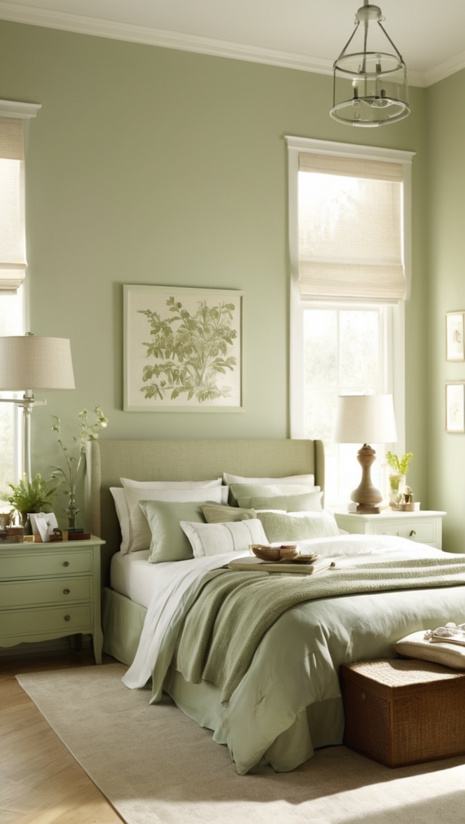 sage green bedroom decor, sage green walls, sage green bedding, sage green curtains, sage green paint