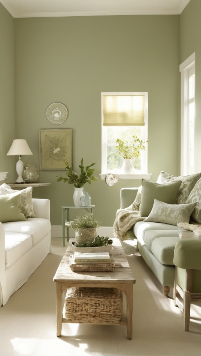 sage green sofa, white living room decor, modern sage green furniture, elegant white and green interior, sage green accent wall