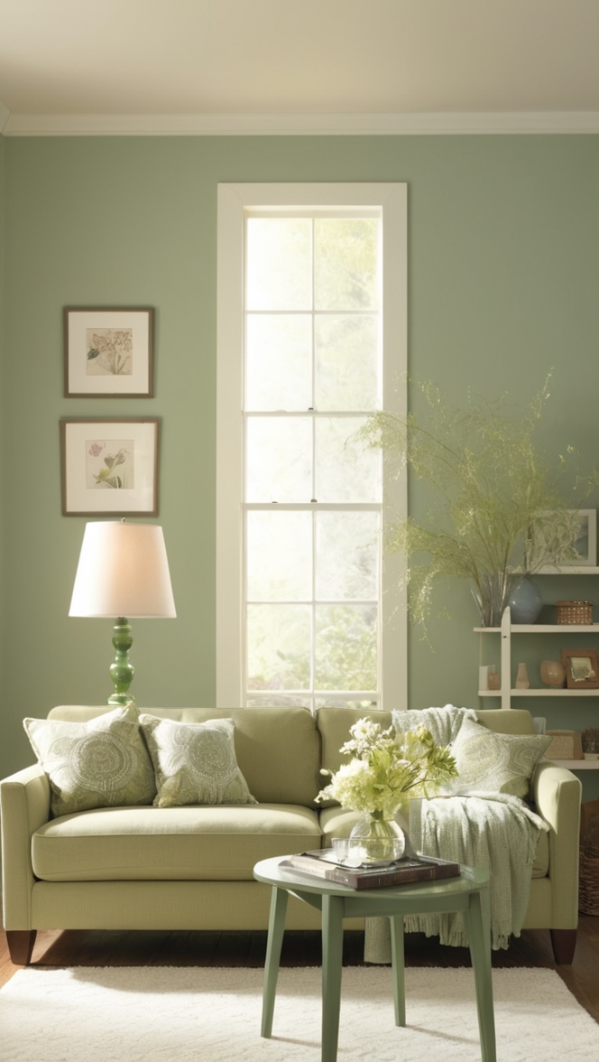 sage green walls, small living room decor, interior design small spaces, small living room furniture, cozy living room ideas