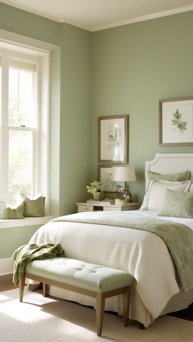 white bedroom decor, sage green decor, bedroom design ideas, minimalist bedroom ideas, elegant bedroom decor