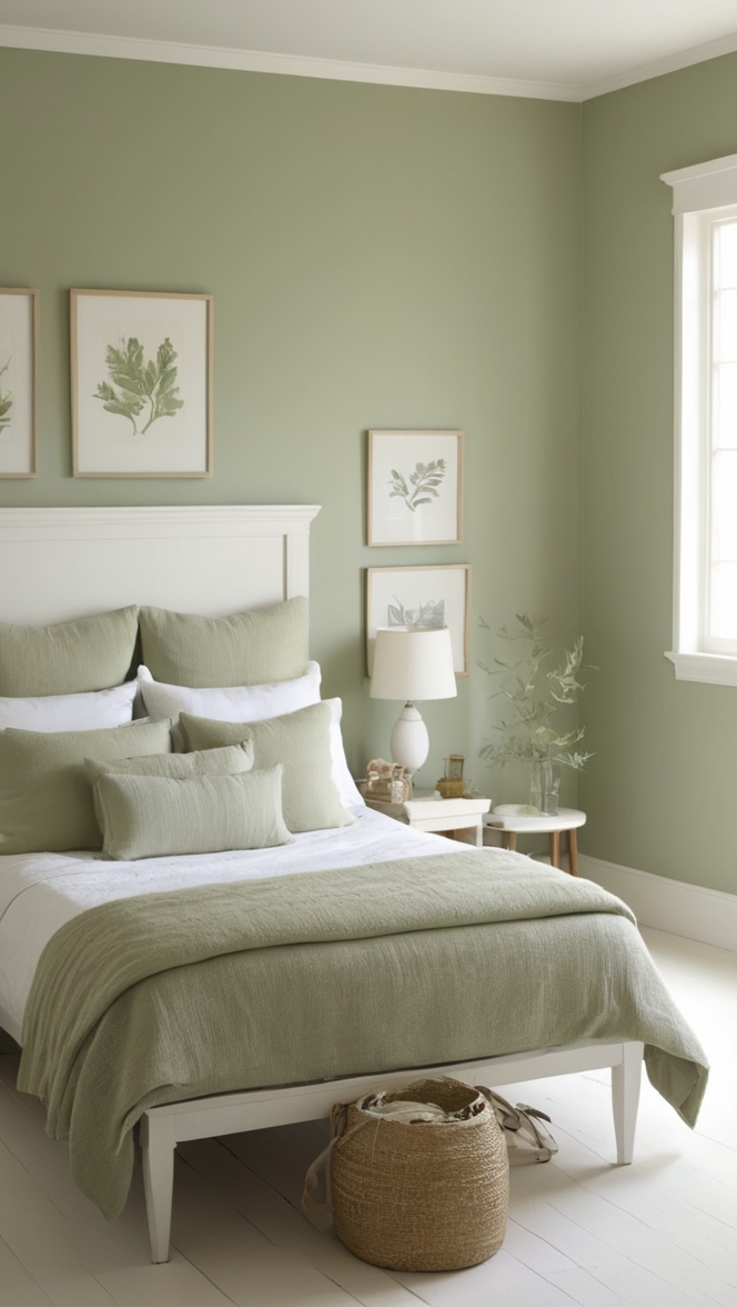 white bedroom decor, sage green decor, bedroom design ideas, minimalist bedroom ideas, elegant bedroom decor