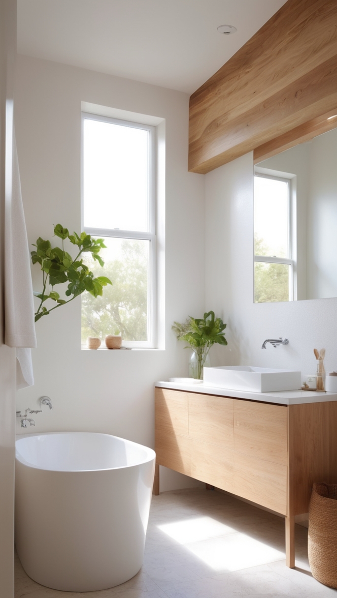 white bathroom decor, wooden bathroom accessories, modern white bathroom, rustic wood vanity, minimalist wooden accents