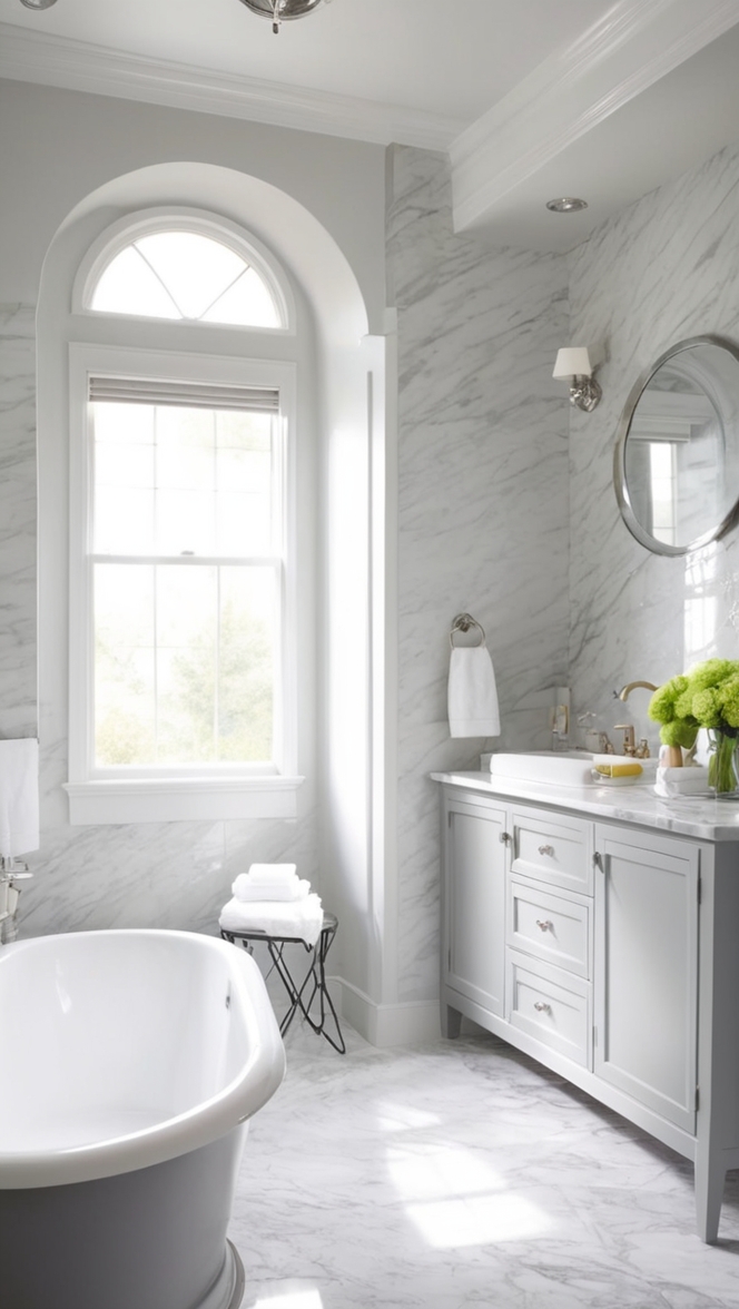 black marble bathroom, white marble countertop, marble tile floor, modern marble vanity, elegant marble sink