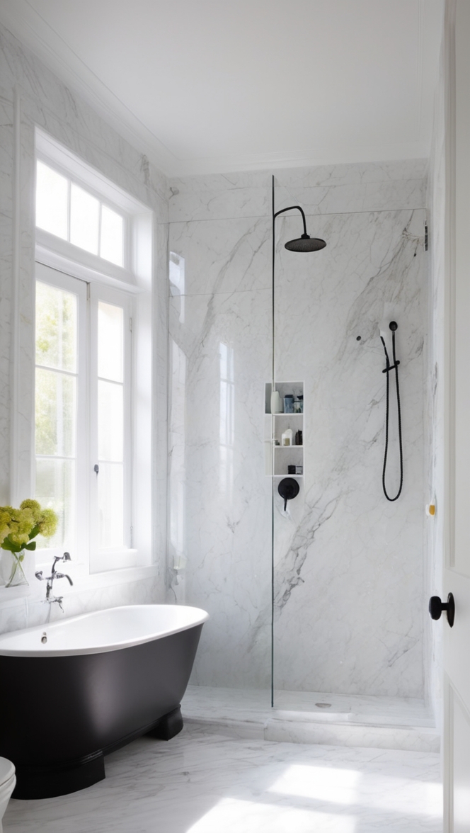 black marble bathroom, white marble countertop, marble tile floor, modern marble vanity, elegant marble sink