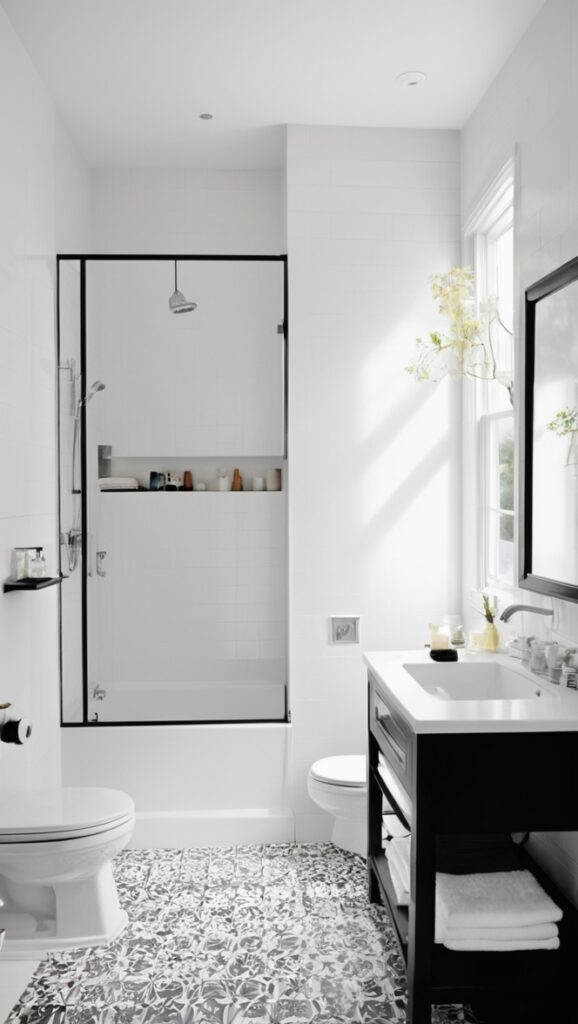 How can I design a modern black and white tile bathroom ...
