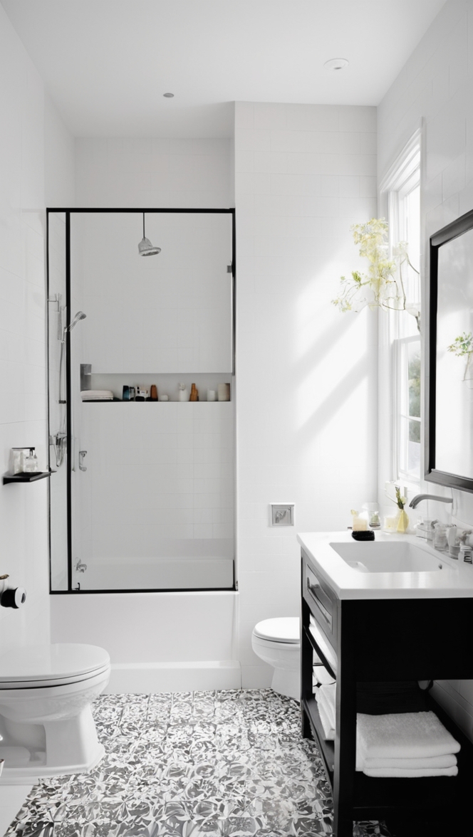 black and white bathroom, bathroom tile ideas, modern bathroom tiles, black and white mosaic tile, white bathroom tiles